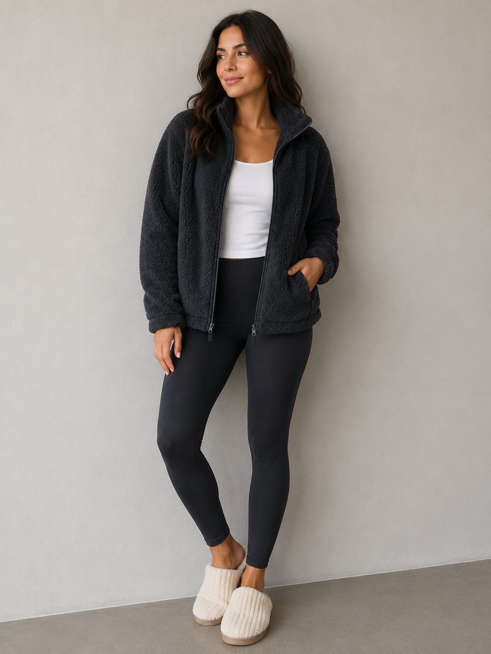 Uni Qlo Black Full Zip Teddy Fleece Fall Jacket Casual Soft Unisex S